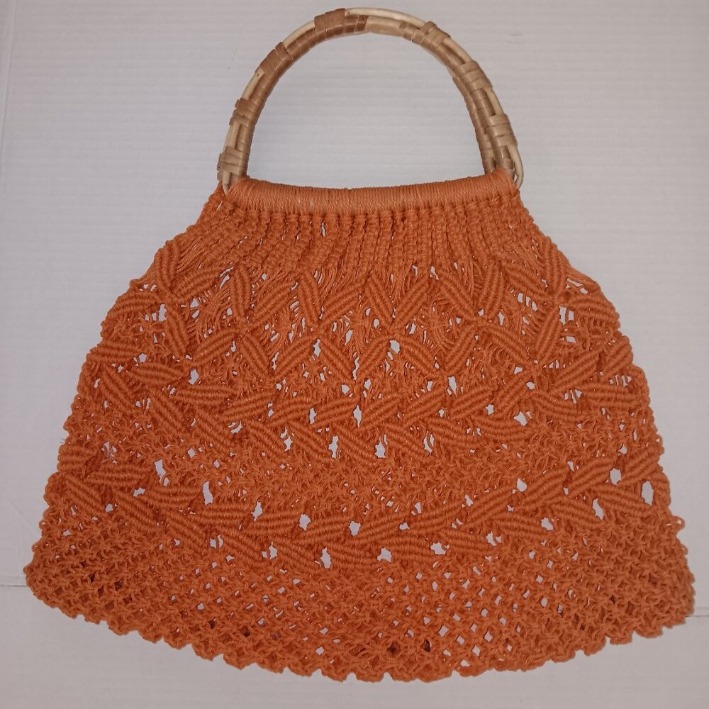 OPEN KNIT CROCHET BAMBOO HANDLE HANDBAG ORANGE